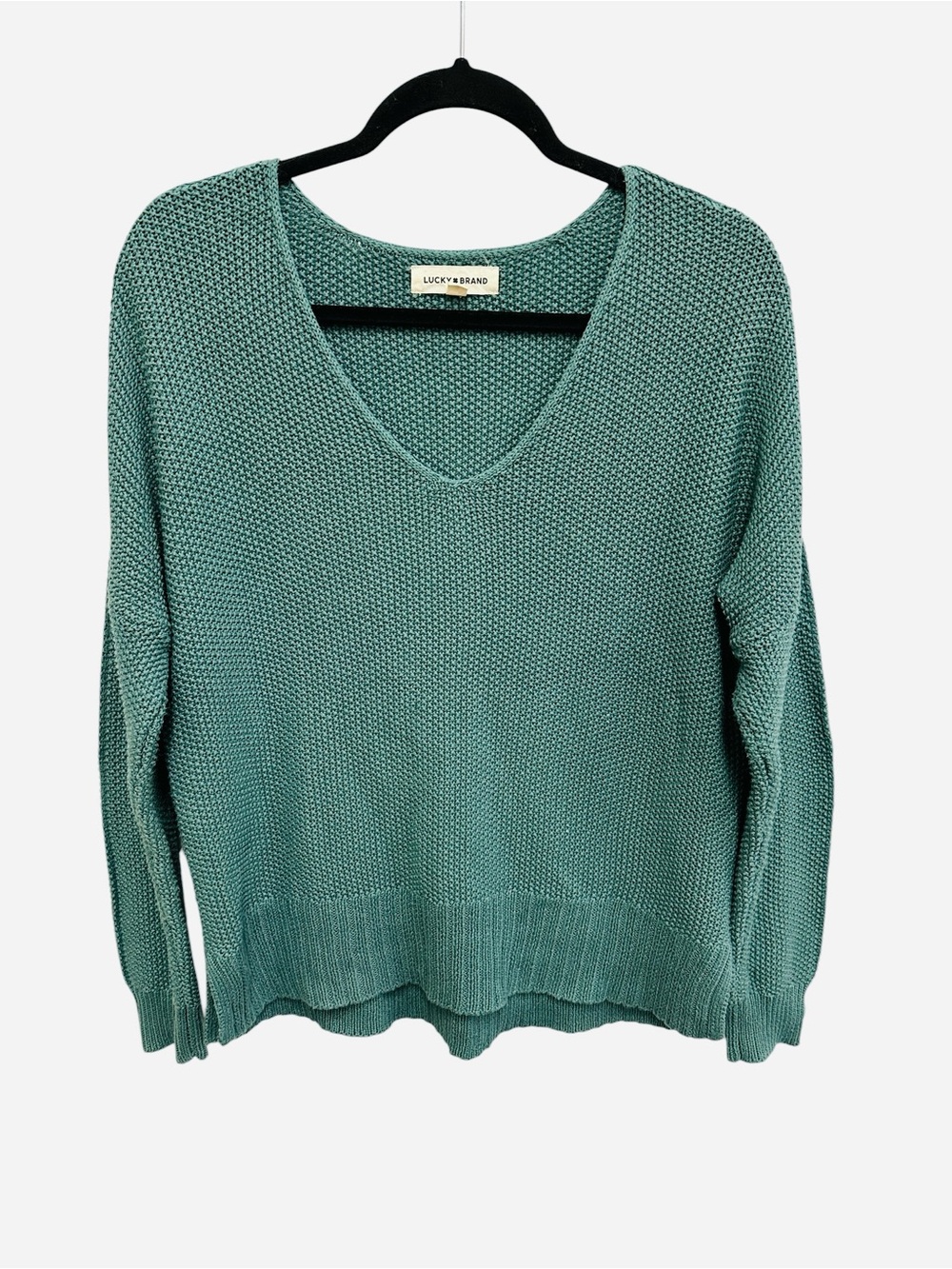 Lucky Brand green textured basket weave knit V neck sweater Size M chunky cozy
